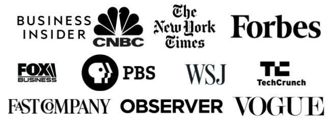 Press coverage logos including Business Insider, CNBC, NY Times, Forbes, ABC News, PBS, WSJ, TechCrunch, Fast Company, NY Observer, and Vogue